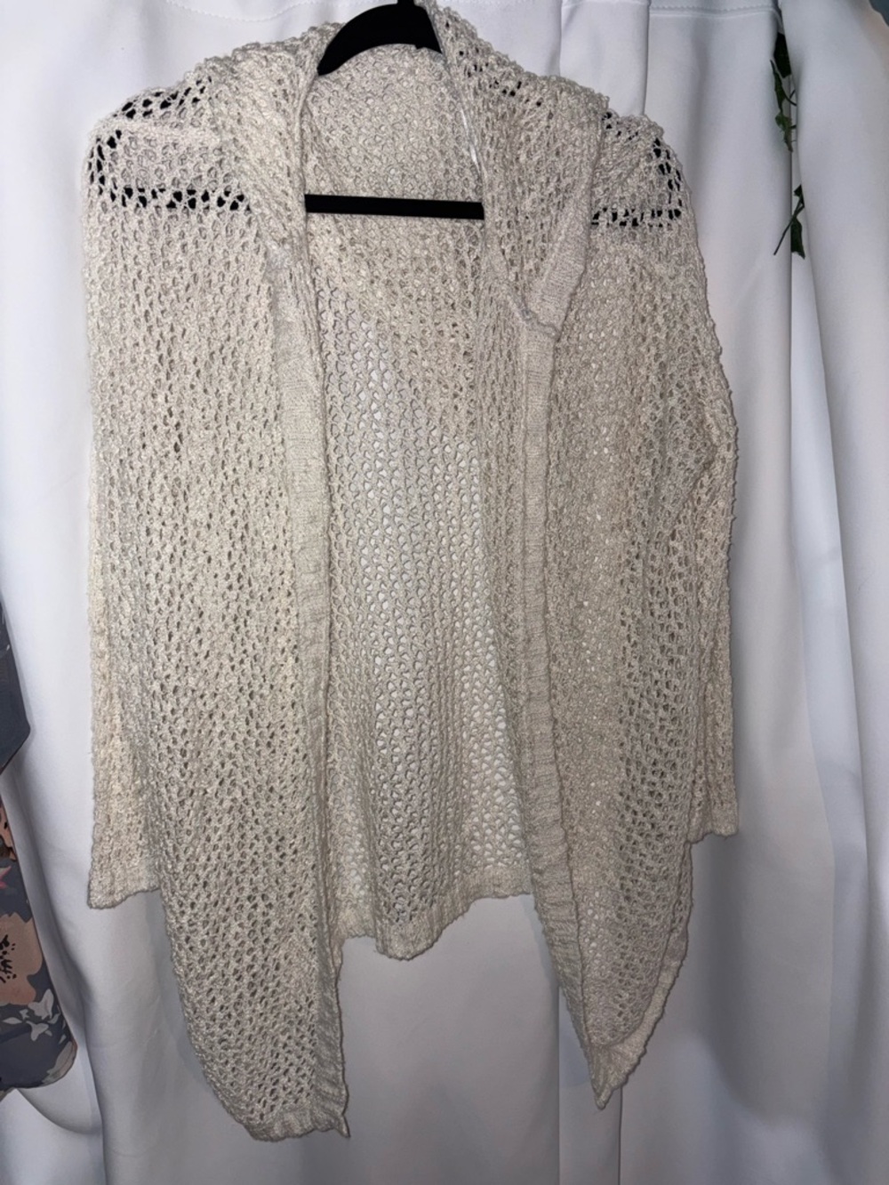 Open-Front Cream Knit Hooded Cardigan